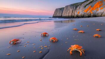 Crab Migration on Sandy Beach at Dusk with Colorful Sky photo