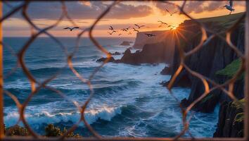 Ocean Cliffs View at Sunset Through Fence with Birds Flying photo