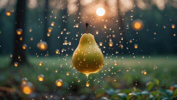 Ripe Pear Floating with Splashing Water Droplets in Forest Setting photo