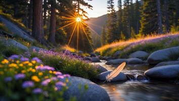 Feather Resting on River Stone at Sunset in Forest Meadow photo