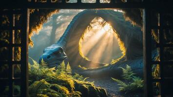 Lizard-like Creature Resting in Forest Sunlight Through Window Frame photo