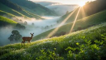 Deer Standing on Grassy Hillside with Morning Sunlight and Fog photo