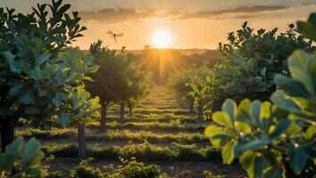 Sunrise Over Orchard with Trees and Dragonfly Creating Serene Landscape photo