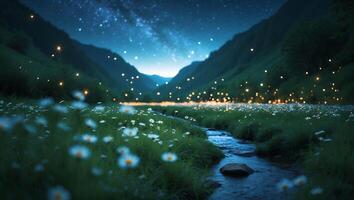 Tranquil Stream Flowing Through Daisy Meadow at Night Under Stars photo