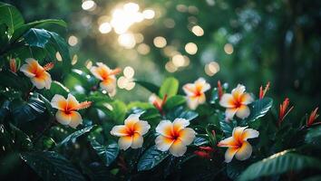 Blooming Hibiscus Flowers with Green Leaves and Sunlight Bokeh photo