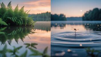 Ferns and Dragonfly at Water Edge with Sky Reflections on Lake photo