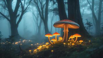 Glowing Mushrooms in Foggy Forest Creating a Magical Fairytale Landscape photo