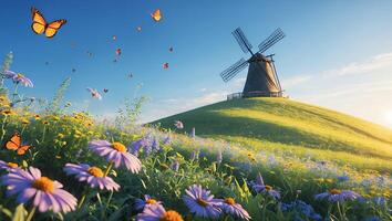 Windmill on Grassy Hill with Flowers and Butterflies Under Clear Sky photo