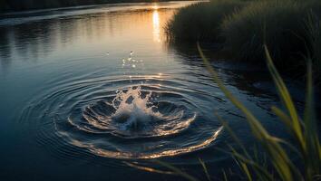 Water Splash Creates Ripples in Lake at Sunset with Grassy Shore photo