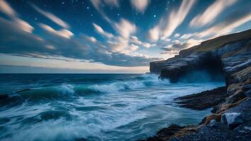 Ocean Waves Crashing on Rocky Coastline at Night with Starry Sky photo