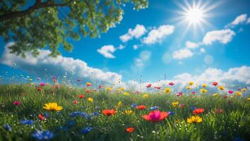 Wildflower Meadow in Spring with Green Grass and Bright Blue Sky photo
