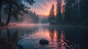 Serene Lake at Sunset with Forest Reflection and Water Ripples photo