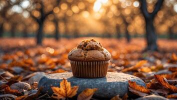 Autumn Muffin Displayed on Rock with Fall Leaves and Golden Light photo