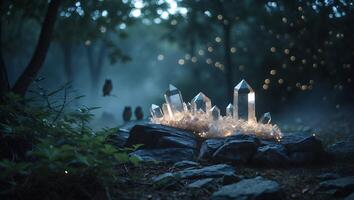 Glowing Crystals on Rocks in Forest with Bokeh Light Background photo