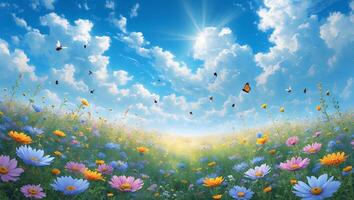 Wildflower Meadow Under a Bright Blue Sky with Gentle Clouds photo