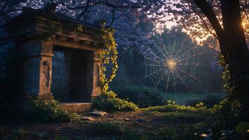 Exploring Old Stone Structure with Vines and Spider Web in Park photo