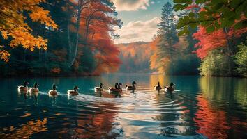 Ducks Swim on Tranquil Lake with Autumn Foliage Reflections photo