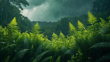 Ferns in Lush Forest During Rain with Dramatic Cloudy Sky photo