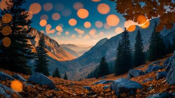 Autumn Mountain Valley with Pine Trees and Bokeh Lights Landscape photo