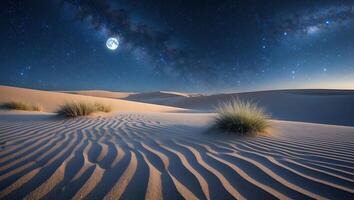 Desert Landscape at Night with Dunes, Grass, Moon and Stars photo