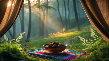 Outdoor Dining with Bowl of Food in Forest Sunlight Setting photo