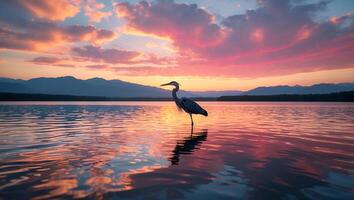 Heron Standing in Lake Reflecting Colorful Sunset Sky and Mountains photo