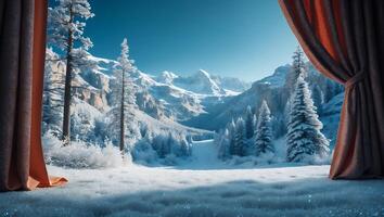 Snowy Mountain View Through Curtains Winter Landscape and Clear Blue Sky photo