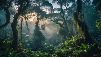 Exploring Lush Jungle Landscape with Sunbeams and Tropical Vegetation photo