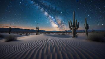 Desert Landscape Under the Milky Way with Cactus and Sand Dunes photo