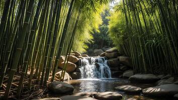 Waterfall Flowing Through Bamboo Forest Landscape with Rocks and Light photo