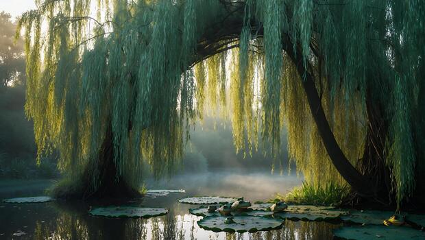 Willow Tree Overhanging Still Lake with Lily Pads and Mist photo