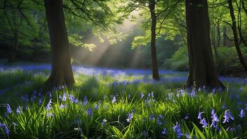 Walking Through Forest Glade Filled with Bluebells and Sun Rays photo
