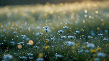 Daisy Meadow with Dew Drops and Bokeh Lights at Dawn photo