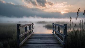 Wooden Dock Leading Into Misty Lake at Sunrise Nature Landscape photo