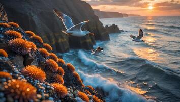 Seagulls Flying Over Rocky Coastline with Orange Flowers at Sunset photo