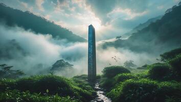 Standing Stone Monolith Surrounded by Green Nature and a Foggy Sky photo