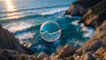 Soap Bubble Reflecting Ocean Waves on Rocky Coastline at Sunset photo