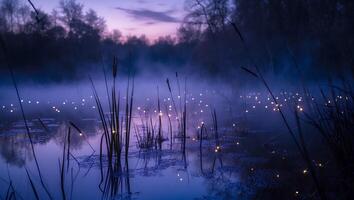 Mystical Pond with Tall Grass and Fog at Dusk Landscape photo