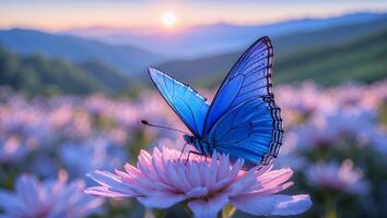 Blue Butterfly Resting on Flower in a Mountain Meadow at Sunset photo