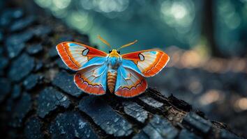 Colorful Moth Resting on Dark Tree Bark in a Forest Setting photo