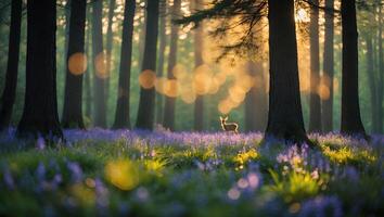 Deer Standing in Bluebell Field Among Trees with Golden Light photo