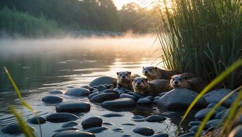 Otters on Rocky Riverbank Watching Misty Waters in the Morning Light photo
