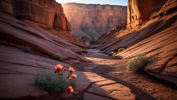 Walking Path Through a Deep Canyon with Wildflowers at Sunset photo