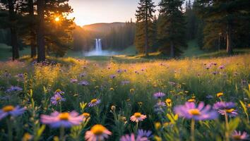 Waterfall Flowing Through Meadow with Wildflowers and Trees at Sunrise photo