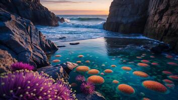 Ocean Cove with Colorful Sea Growth and Rocky Cliffs at Sunset photo