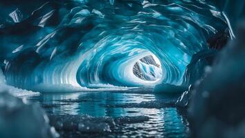 Exploring a Stunning Blue Ice Cave with Water Reflection Inside photo