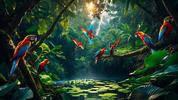 Parrots in Lush Jungle Landscape with Pond and Dramatic Sky photo