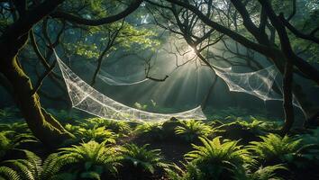 Sunlight Streaming Through Forest with Cobwebs and Green Ferns photo