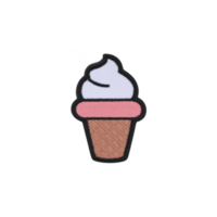Colorful embroidered patch of ice cream cone with pink scoop and waffle cone design, perfect for adding playful touch to clothing or accessories png