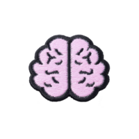 Pink embroidered brain patch with black outline, showcasing stylized design. patch is isolated on transparency background, highlighting its intricate stitching and playful appearance png
